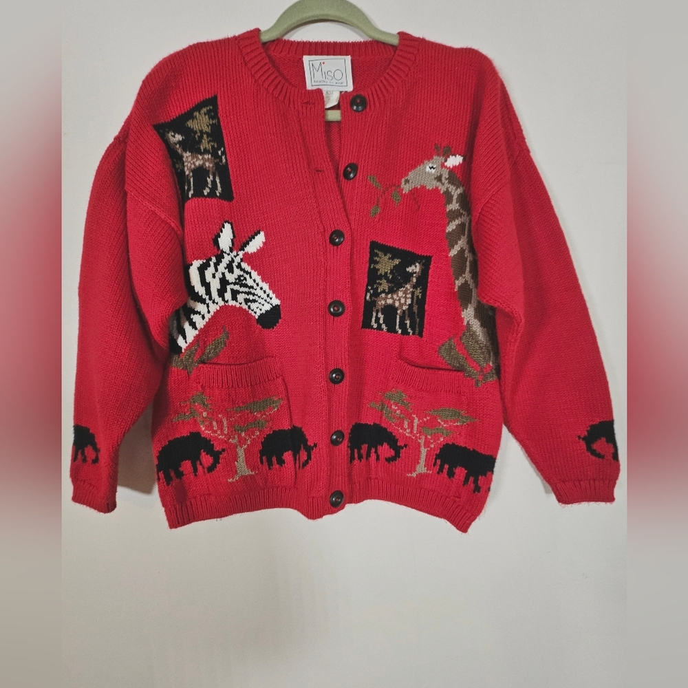 Vintage Cardigan 100% Cotton Safari Print Oversize Artsy Indie Red S